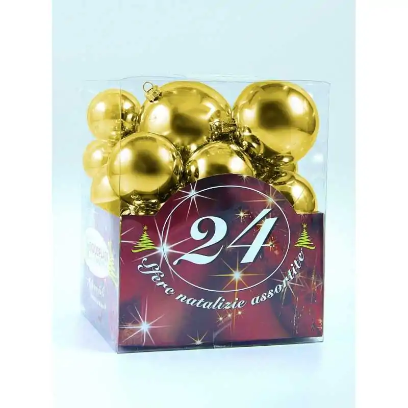 24 SFERE PLASTICA ASS. ORO IN SCAT. ACETATO: 4 DIAM.70, 4 DIAM.60, 8 DIAM.50, 8 DIAM.40