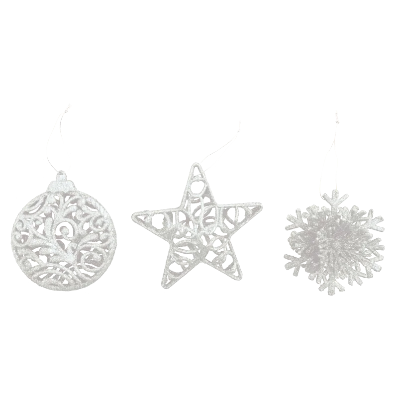 SET ADDOBBO 3D GLITTER BIANCO 10-12CM, MOD. ASS.