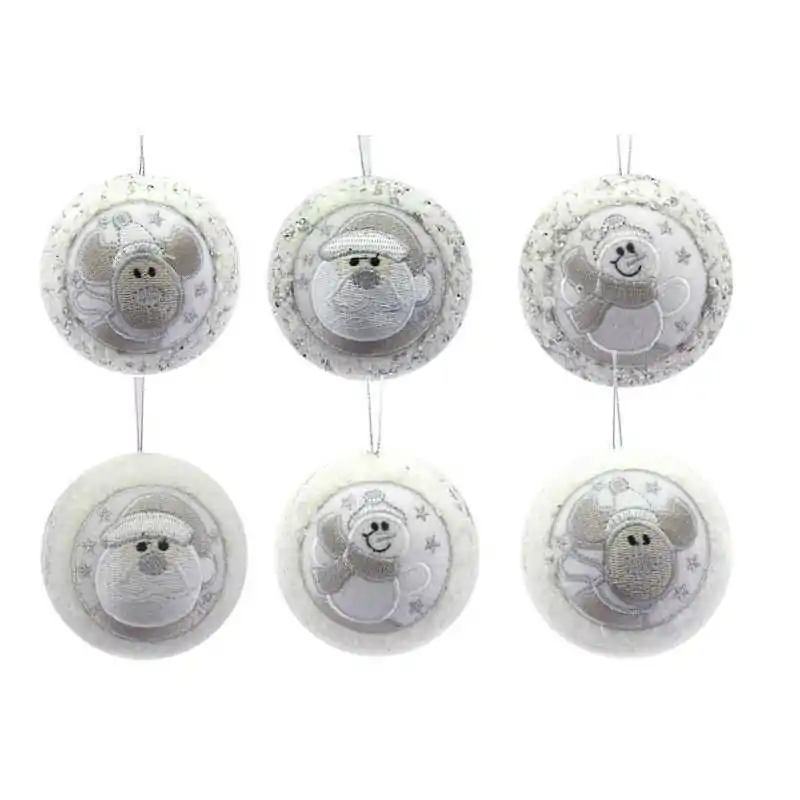 SET 12 SFERE NATALE "CRYSTAL CHIC" BIANCA/ARGENTO 8 CM CON DECORO PATCH IN STOFFA,  MOD. ASS.