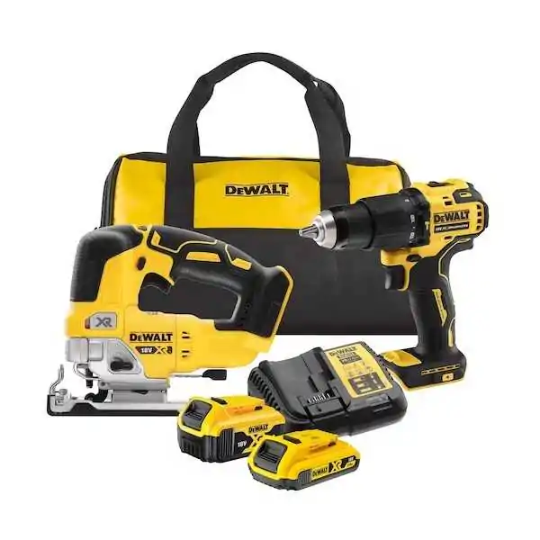 Dewalt Kit 2 Outils XR 18V ​​​​​​4Ah + 2Ah Li-Ion Brushless - Perceuse à Percussion Compacte - Scie Sauteuse