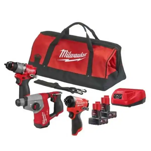 Milwaukee Kt M12 FPP3H-402B - M12 FPD2 + FID2 + FHAC16, 2 Batterie 12V 4 Ah, Caricabatterie, Borsa